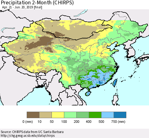 China and Taiwan Precipitation 2-Month (CHIRPS) Thematic Map For 4/21/2019 - 6/20/2019