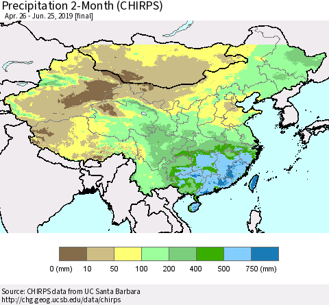 China and Taiwan Precipitation 2-Month (CHIRPS) Thematic Map For 4/26/2019 - 6/25/2019