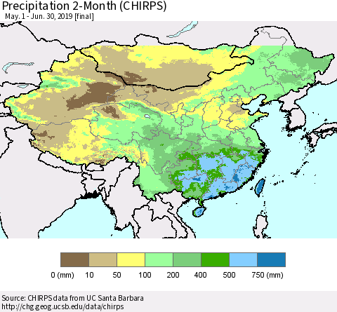 China and Taiwan Precipitation 2-Month (CHIRPS) Thematic Map For 5/1/2019 - 6/30/2019