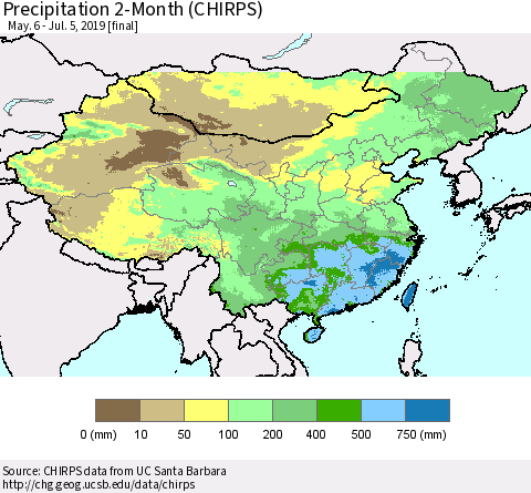 China, Mongolia and Taiwan Precipitation 2-Month (CHIRPS) Thematic Map For 5/6/2019 - 7/5/2019