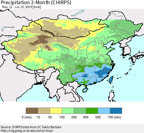 China and Taiwan Precipitation 2-Month (CHIRPS) Thematic Map For 5/11/2019 - 7/10/2019