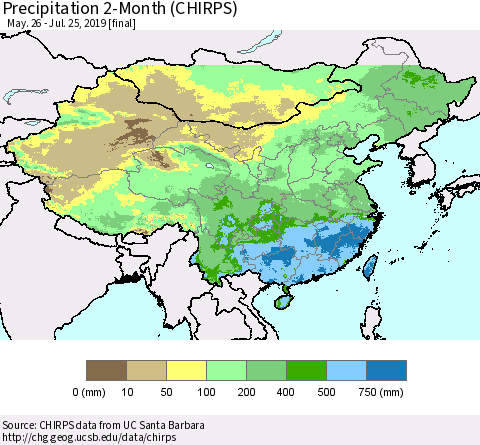 China, Mongolia and Taiwan Precipitation 2-Month (CHIRPS) Thematic Map For 5/26/2019 - 7/25/2019