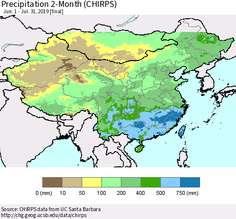 China, Mongolia and Taiwan Precipitation 2-Month (CHIRPS) Thematic Map For 6/1/2019 - 7/31/2019