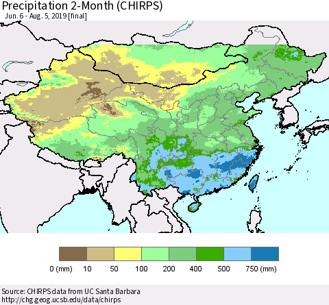 China, Mongolia and Taiwan Precipitation 2-Month (CHIRPS) Thematic Map For 6/6/2019 - 8/5/2019