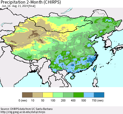 China and Taiwan Precipitation 2-Month (CHIRPS) Thematic Map For 6/16/2019 - 8/15/2019