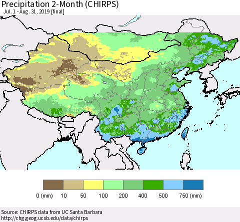 China and Taiwan Precipitation 2-Month (CHIRPS) Thematic Map For 7/1/2019 - 8/31/2019