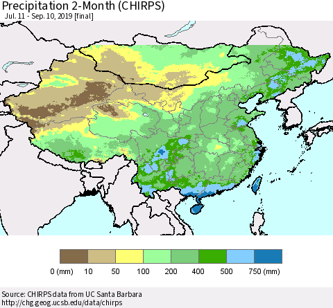 China and Taiwan Precipitation 2-Month (CHIRPS) Thematic Map For 7/11/2019 - 9/10/2019