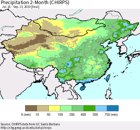 China and Taiwan Precipitation 2-Month (CHIRPS) Thematic Map For 7/16/2019 - 9/15/2019