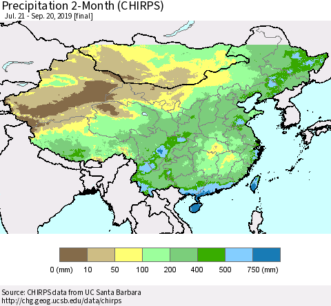 China and Taiwan Precipitation 2-Month (CHIRPS) Thematic Map For 7/21/2019 - 9/20/2019