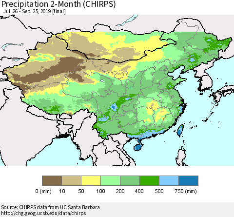 China and Taiwan Precipitation 2-Month (CHIRPS) Thematic Map For 7/26/2019 - 9/25/2019