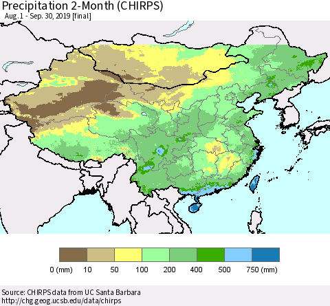 China and Taiwan Precipitation 2-Month (CHIRPS) Thematic Map For 8/1/2019 - 9/30/2019
