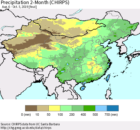 China, Mongolia and Taiwan Precipitation 2-Month (CHIRPS) Thematic Map For 8/6/2019 - 10/5/2019