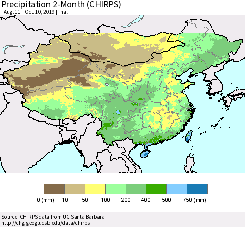 China and Taiwan Precipitation 2-Month (CHIRPS) Thematic Map For 8/11/2019 - 10/10/2019