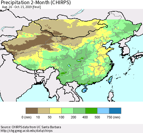 China and Taiwan Precipitation 2-Month (CHIRPS) Thematic Map For 8/16/2019 - 10/15/2019