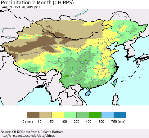 China and Taiwan Precipitation 2-Month (CHIRPS) Thematic Map For 8/21/2019 - 10/20/2019