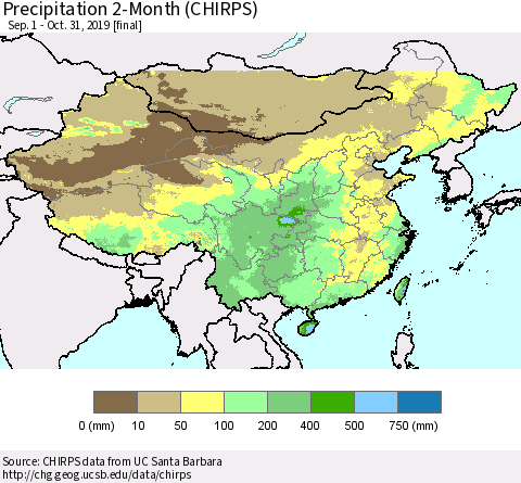 China and Taiwan Precipitation 2-Month (CHIRPS) Thematic Map For 9/1/2019 - 10/31/2019