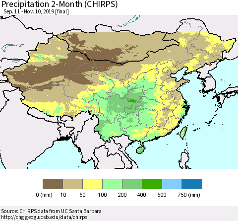China and Taiwan Precipitation 2-Month (CHIRPS) Thematic Map For 9/11/2019 - 11/10/2019