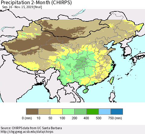 China and Taiwan Precipitation 2-Month (CHIRPS) Thematic Map For 9/16/2019 - 11/15/2019