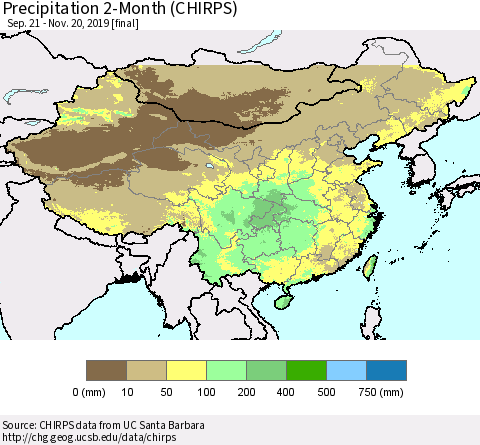 China and Taiwan Precipitation 2-Month (CHIRPS) Thematic Map For 9/21/2019 - 11/20/2019