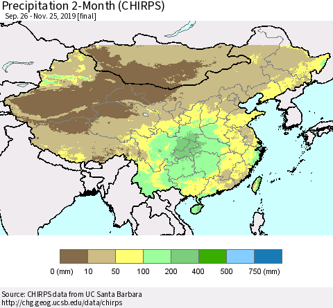 China and Taiwan Precipitation 2-Month (CHIRPS) Thematic Map For 9/26/2019 - 11/25/2019