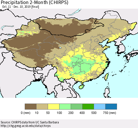 China and Taiwan Precipitation 2-Month (CHIRPS) Thematic Map For 10/11/2019 - 12/10/2019