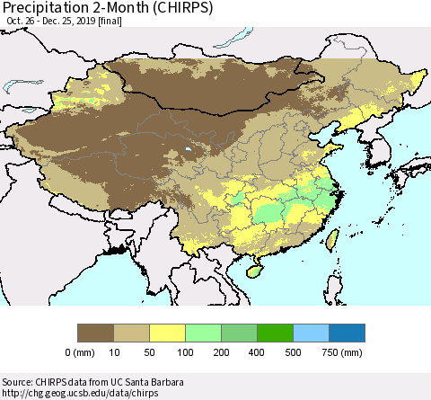 China, Mongolia and Taiwan Precipitation 2-Month (CHIRPS) Thematic Map For 10/26/2019 - 12/25/2019
