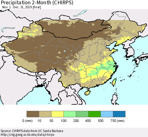 China, Mongolia and Taiwan Precipitation 2-Month (CHIRPS) Thematic Map For 11/1/2019 - 12/31/2019
