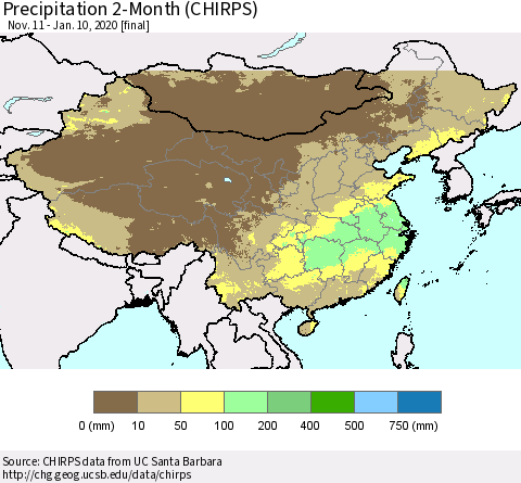 China, Mongolia and Taiwan Precipitation 2-Month (CHIRPS) Thematic Map For 11/11/2019 - 1/10/2020