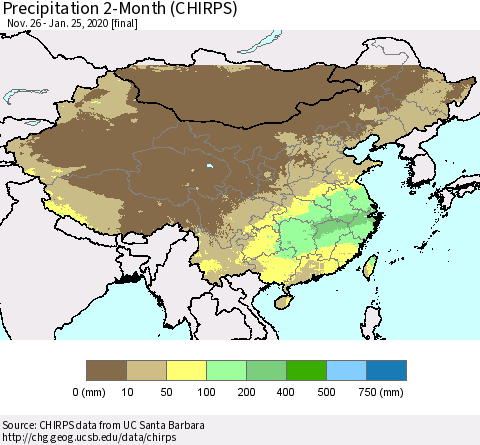 China, Mongolia and Taiwan Precipitation 2-Month (CHIRPS) Thematic Map For 11/26/2019 - 1/25/2020