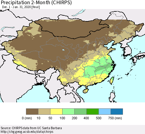 China, Mongolia and Taiwan Precipitation 2-Month (CHIRPS) Thematic Map For 12/1/2019 - 1/31/2020