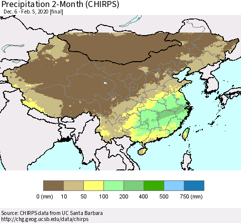 China, Mongolia and Taiwan Precipitation 2-Month (CHIRPS) Thematic Map For 12/6/2019 - 2/5/2020