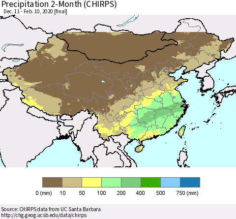 China, Mongolia and Taiwan Precipitation 2-Month (CHIRPS) Thematic Map For 12/11/2019 - 2/10/2020