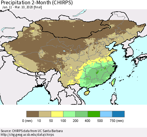China, Mongolia and Taiwan Precipitation 2-Month (CHIRPS) Thematic Map For 1/11/2020 - 3/10/2020