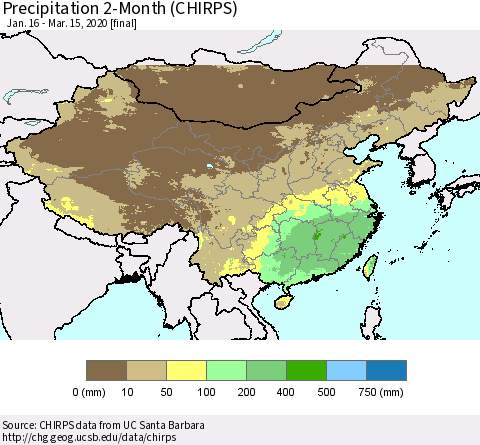 China, Mongolia and Taiwan Precipitation 2-Month (CHIRPS) Thematic Map For 1/16/2020 - 3/15/2020