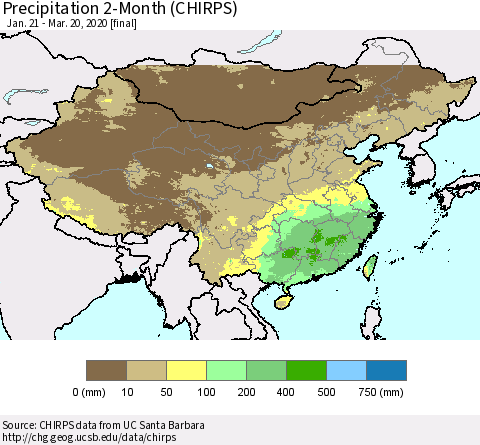 China, Mongolia and Taiwan Precipitation 2-Month (CHIRPS) Thematic Map For 1/21/2020 - 3/20/2020