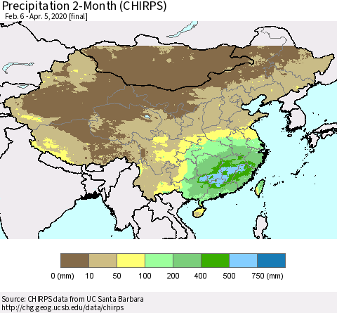 China, Mongolia and Taiwan Precipitation 2-Month (CHIRPS) Thematic Map For 2/6/2020 - 4/5/2020