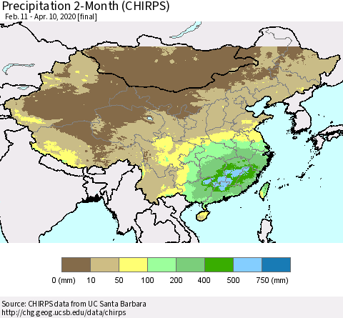 China, Mongolia and Taiwan Precipitation 2-Month (CHIRPS) Thematic Map For 2/11/2020 - 4/10/2020