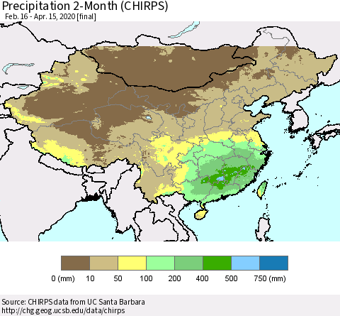China, Mongolia and Taiwan Precipitation 2-Month (CHIRPS) Thematic Map For 2/16/2020 - 4/15/2020