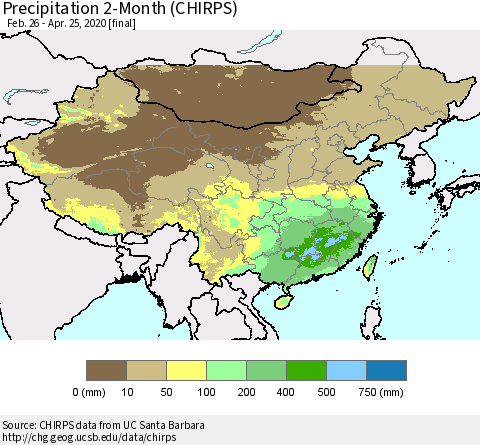 China, Mongolia and Taiwan Precipitation 2-Month (CHIRPS) Thematic Map For 2/26/2020 - 4/25/2020