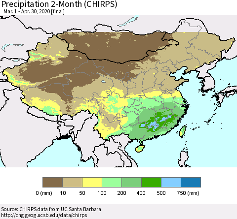 China, Mongolia and Taiwan Precipitation 2-Month (CHIRPS) Thematic Map For 3/1/2020 - 4/30/2020
