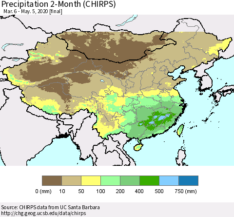 China, Mongolia and Taiwan Precipitation 2-Month (CHIRPS) Thematic Map For 3/6/2020 - 5/5/2020