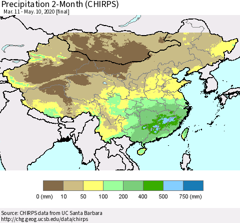 China, Mongolia and Taiwan Precipitation 2-Month (CHIRPS) Thematic Map For 3/11/2020 - 5/10/2020