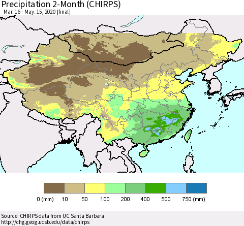 China, Mongolia and Taiwan Precipitation 2-Month (CHIRPS) Thematic Map For 3/16/2020 - 5/15/2020