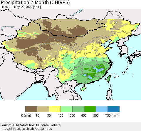 China, Mongolia and Taiwan Precipitation 2-Month (CHIRPS) Thematic Map For 3/21/2020 - 5/20/2020