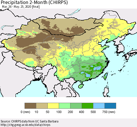China, Mongolia and Taiwan Precipitation 2-Month (CHIRPS) Thematic Map For 3/26/2020 - 5/25/2020
