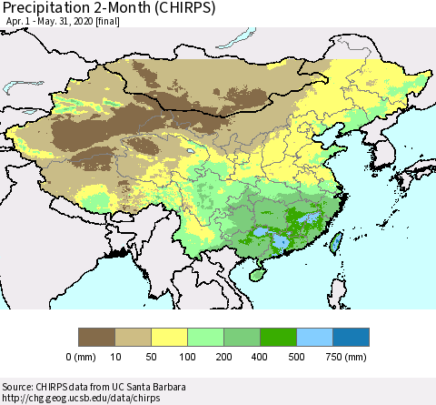 China, Mongolia and Taiwan Precipitation 2-Month (CHIRPS) Thematic Map For 4/1/2020 - 5/31/2020