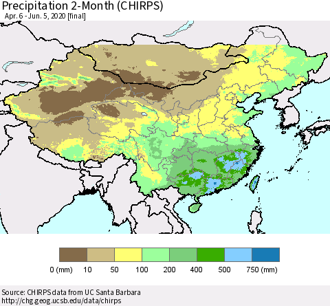 China, Mongolia and Taiwan Precipitation 2-Month (CHIRPS) Thematic Map For 4/6/2020 - 6/5/2020