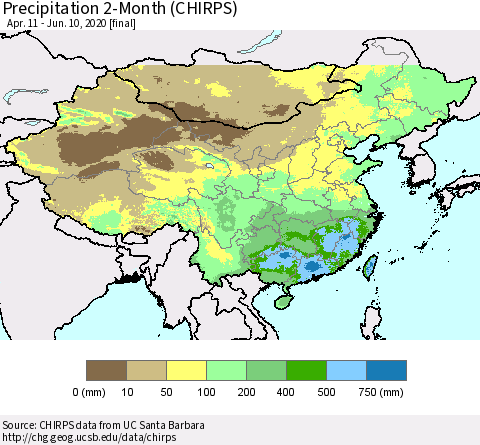 China, Mongolia and Taiwan Precipitation 2-Month (CHIRPS) Thematic Map For 4/11/2020 - 6/10/2020