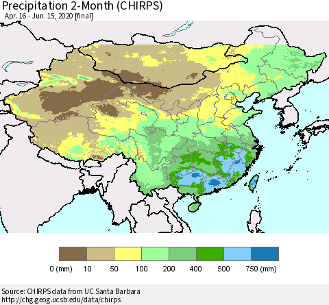 China, Mongolia and Taiwan Precipitation 2-Month (CHIRPS) Thematic Map For 4/16/2020 - 6/15/2020