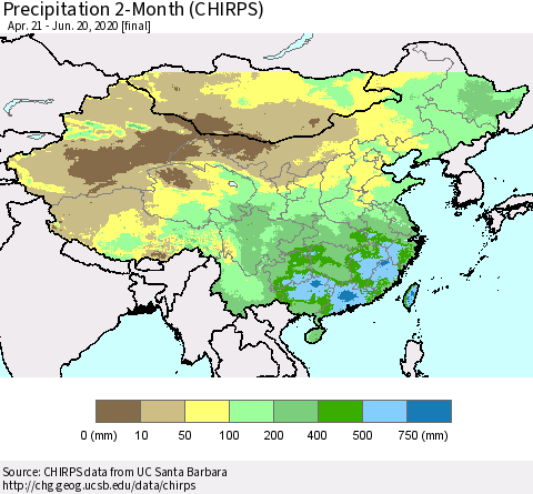 China, Mongolia and Taiwan Precipitation 2-Month (CHIRPS) Thematic Map For 4/21/2020 - 6/20/2020